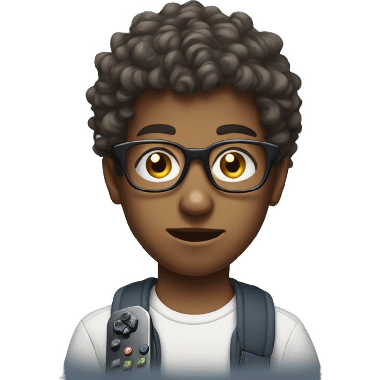 Boy with glasses and short curly hair focused on his gameboy remote emoji