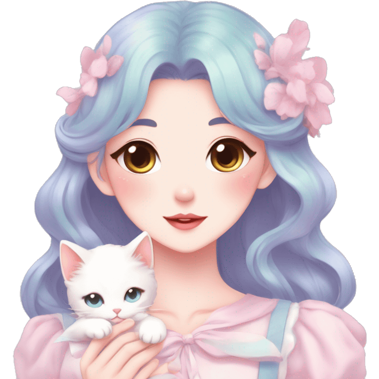 Gorgeous pastel anime style lady with blushing face and holding a kitten cottagecore fairycore pastelcore colorful pearly romantic simplistic aesthetic trending style emoji