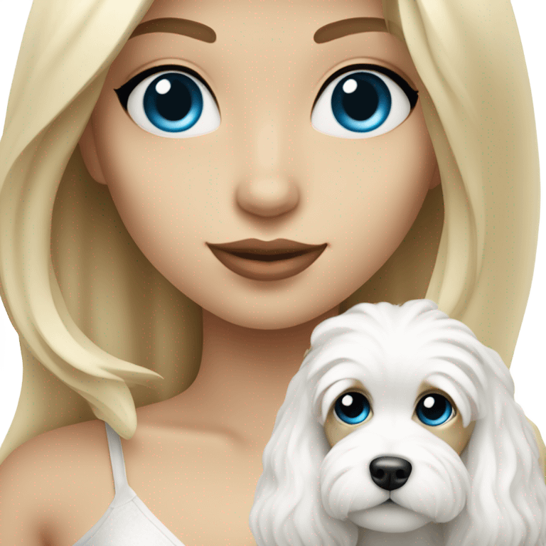 Blonde nightclub girl with blue eyes and long hair holding white cavachon dog emoji