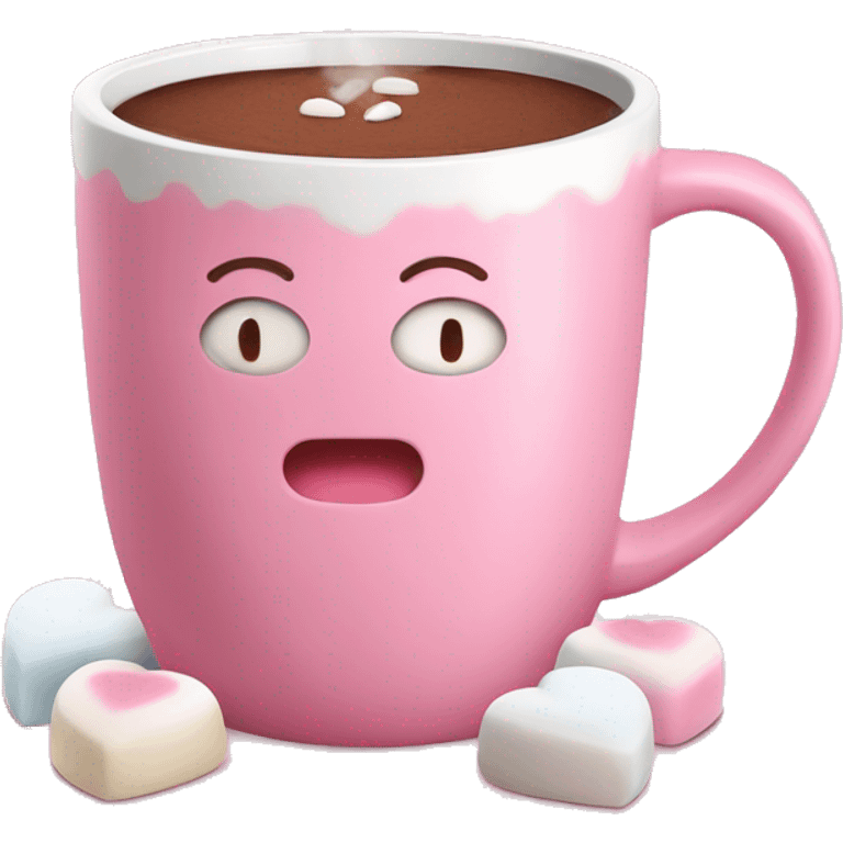 Pink mug filled with hot chocolate topped with heart shaped marshmellows emoji