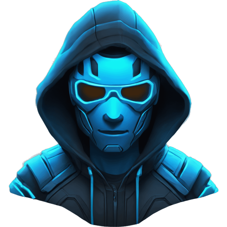 developer behind his laptop with this style : crysis Cyberpunk Riot Games Valorant neon glowing bright blue character blue black hooded assassin themed character emoji