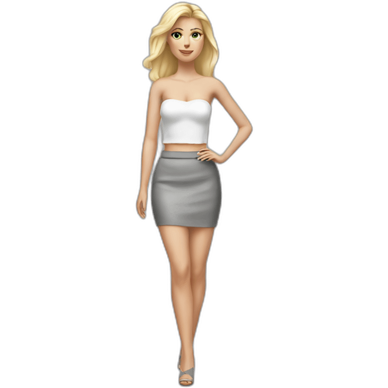 hyperrealistic caucasian long blonde woman white v-neck strapless top gray tight mini skirt emoji