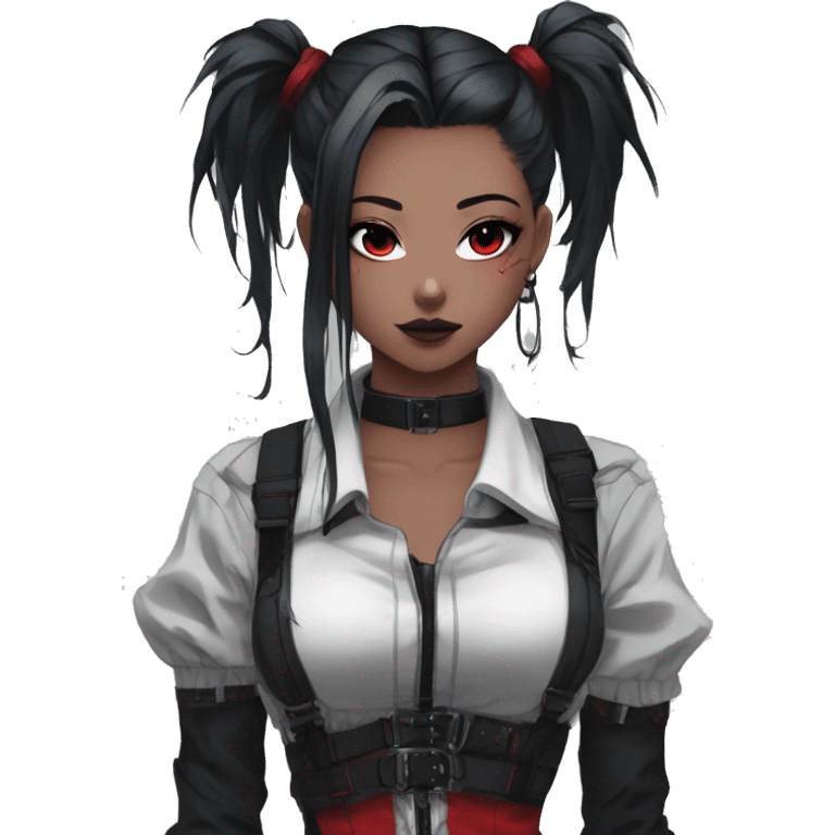 Gorgeous gothic dark techwear anime style lady with blushing face aesthetic and pretty edgy black red punk messy ponytail hair with collar and harness trending style emoji