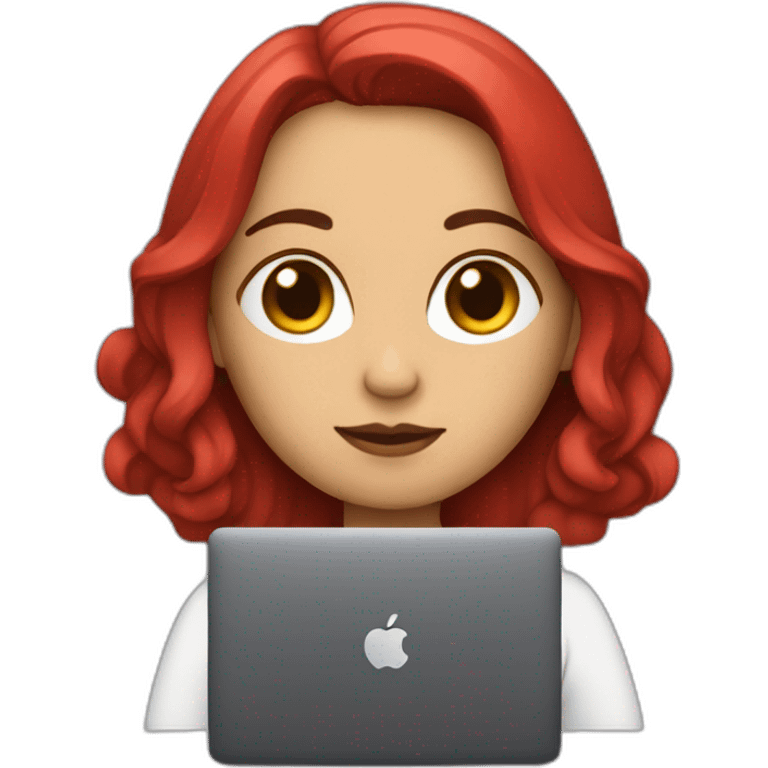 Mujer joven con cabello rojizo con MacBook emoji