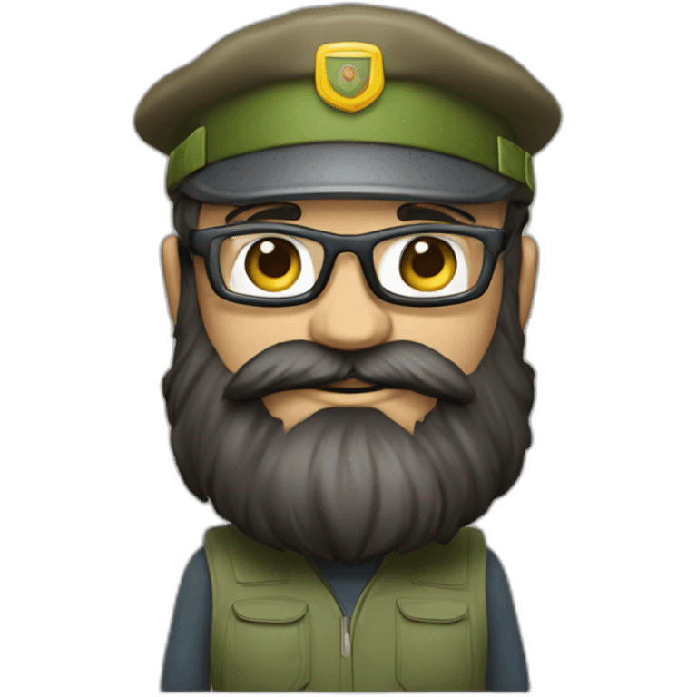 full body of an happy gardener face long dark beard and short dark hair with little transparent glasses and a army cap emoji