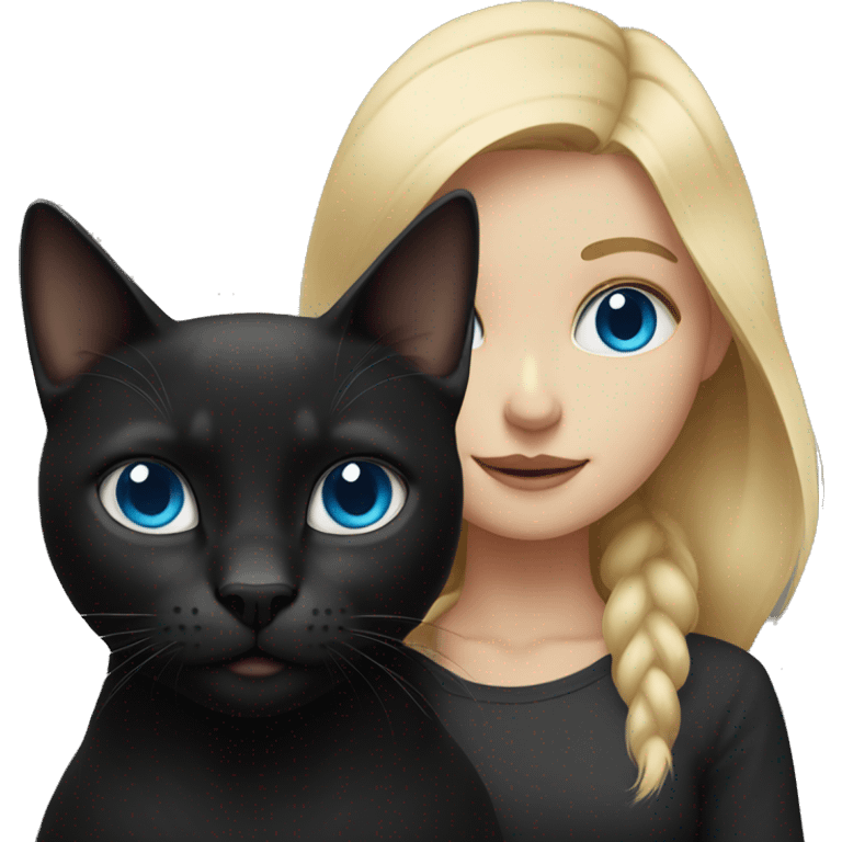 blonde girl with blue eyes and a massive black cat emoji