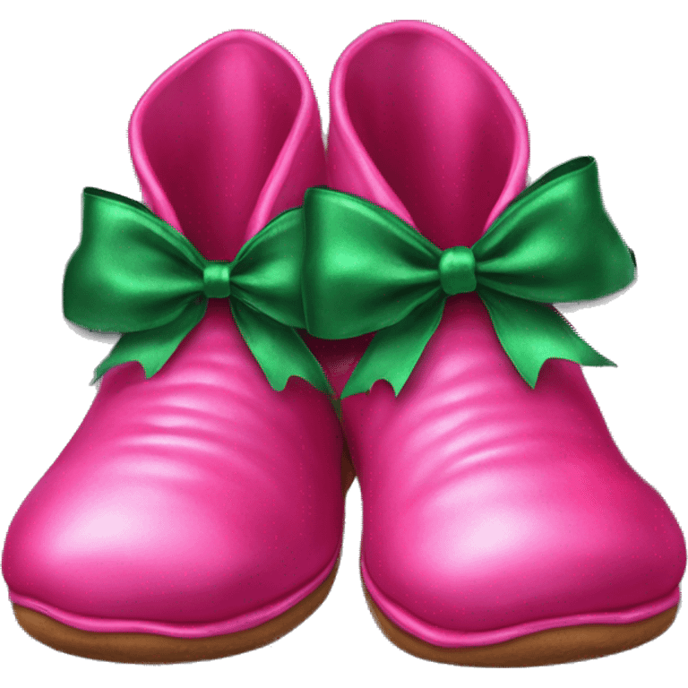 Realistic hot pink pair of elf shoes with green silk bow on top. emoji