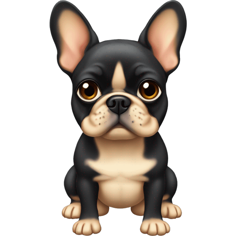 A small, black-and-tan French bulldog with a mostly black face and tan paws, tilting its head slightly with wide, puzzled eyes and a slightly furrowed brow, perhaps with a small question mark near its head emoji