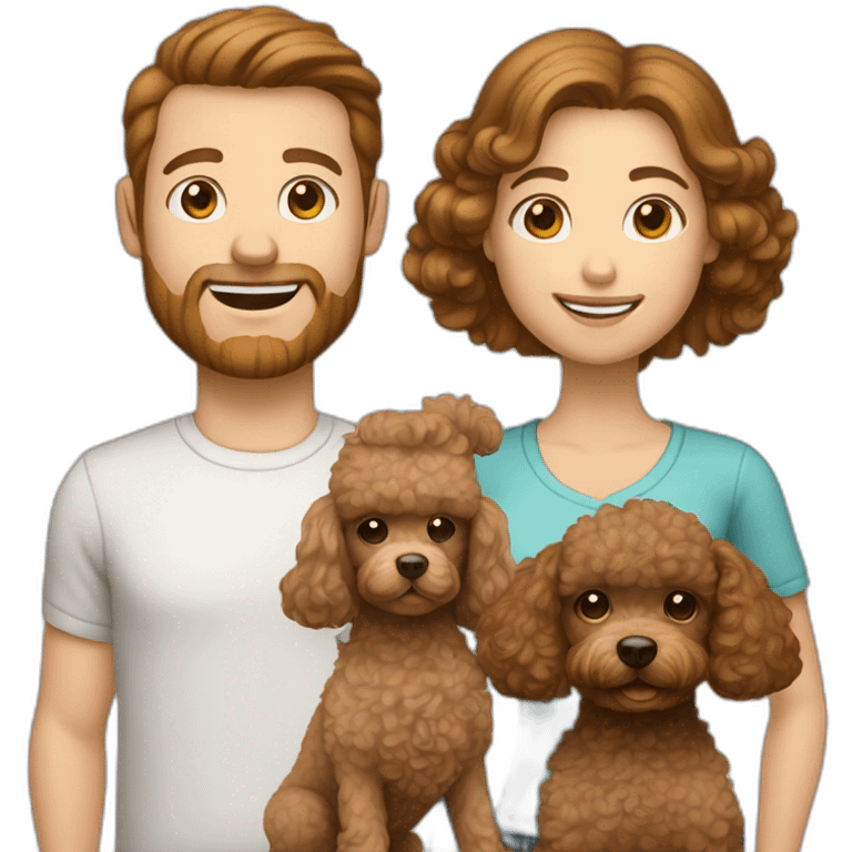 A family consisting of 1 white man with light brown hair, 1 white woman with dark brown hair and a toy poodle with brown hair, heads only emoji