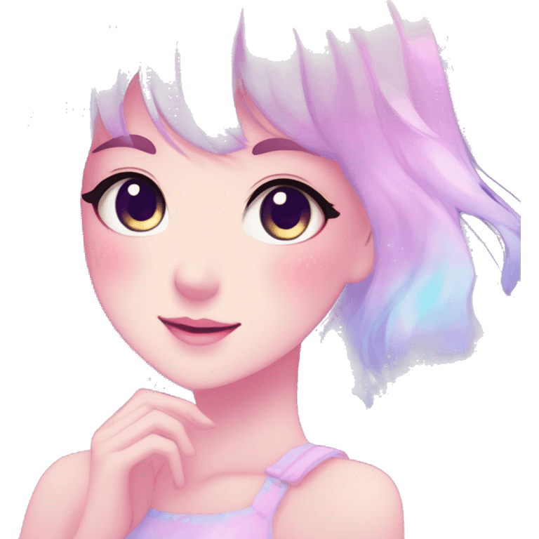 Gorgeous pastel anime style lady blushing nebula-gradient-sparkle face dreamy idol model colorful shiny stars galaxy kawaii cottagecore pearly petite simplistic aesthetic trending style emoji