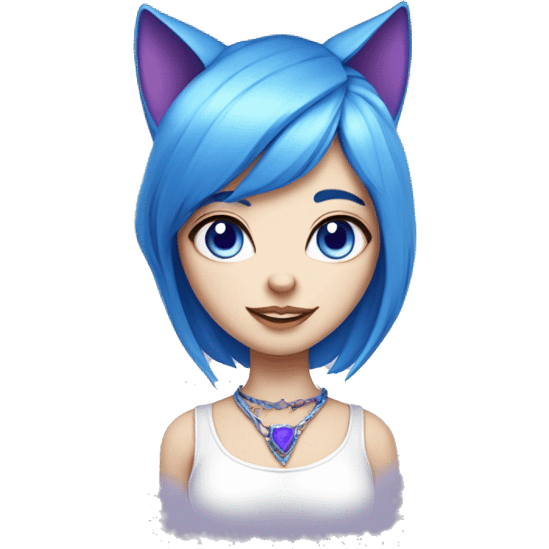 fair skinned cat girl with blue hair, cat ears, white top, blue necklace and purple left eye, blue right eye emoji