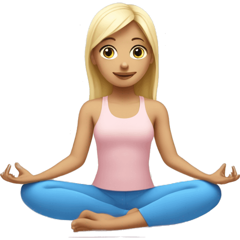 blonde with bangs and blue eyes yoga girl light pink clothes sitting on yoga mat emoji