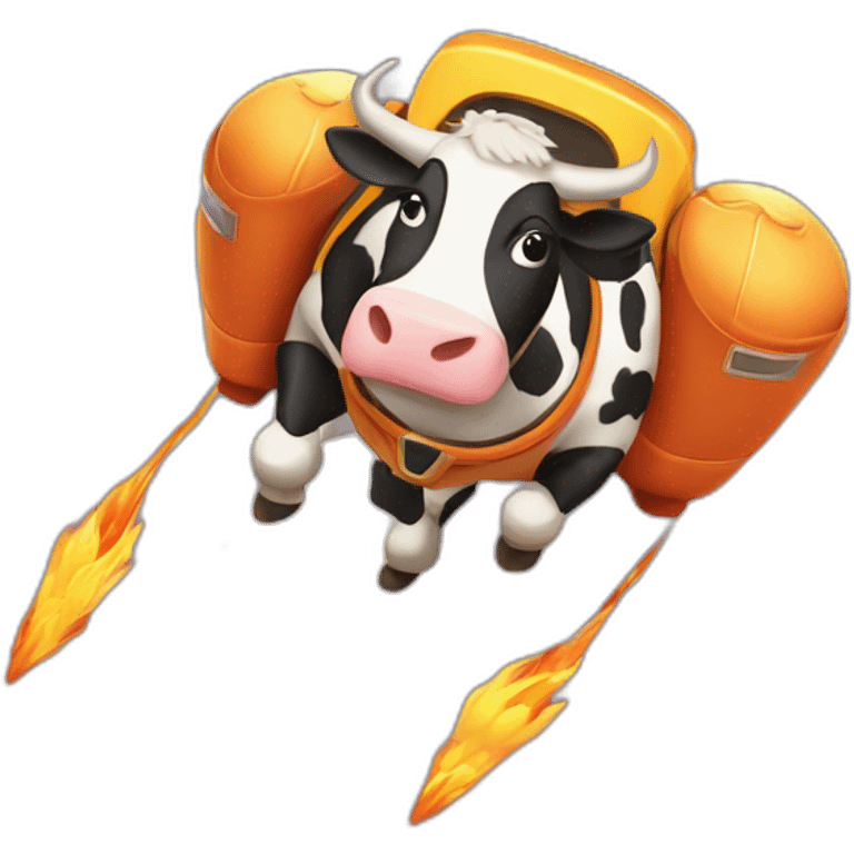 side-on view of cow flying to space while wearing a jetpack that is emitting flames, legs being pushed back by the wind emoji