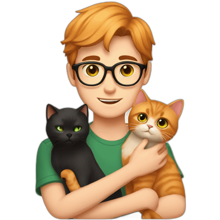 Boy with green eyes, glasses, with black short hair, holds Persian orange cat emoji