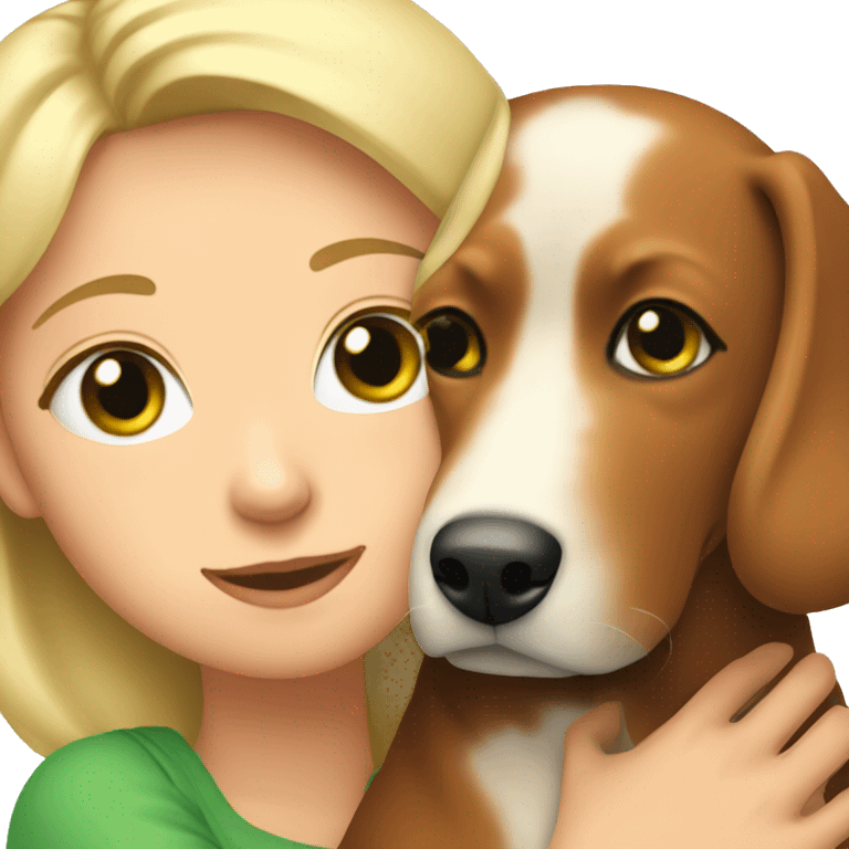 Blonde Girl with Green eyes cuddling red-Brown adult dog emoji