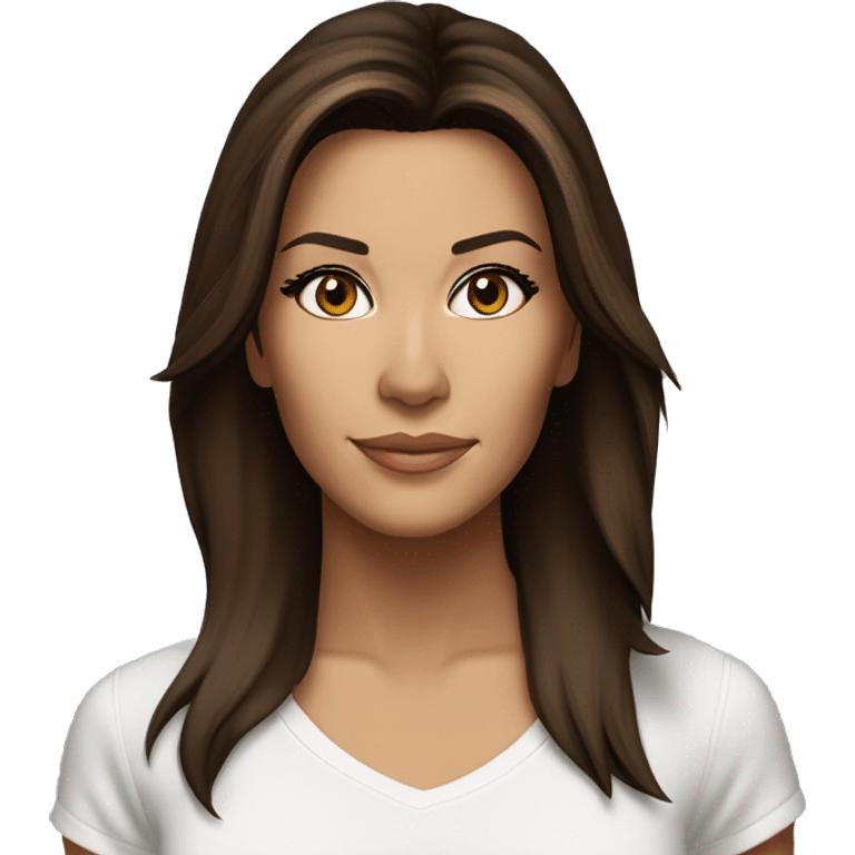 3/4 face, contrasted, shadow, light, Eva Longoria expression, standing from a distance, thin nose, brunette woman, hazel eyes, long eyelashes, dark shoulder shaded hair, white t-shirt, jeans, white sneakers emoji