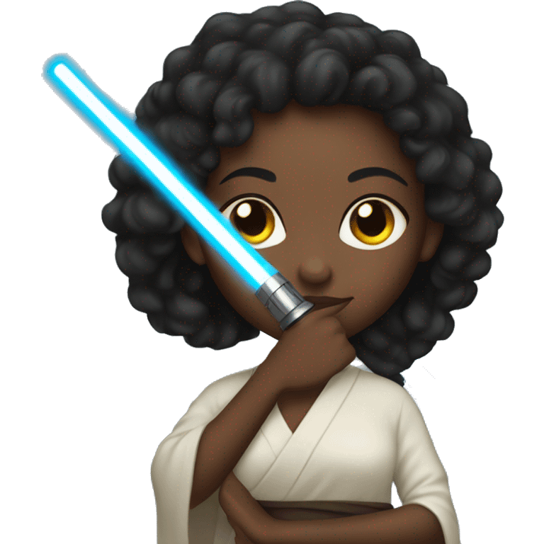 Black girl with long hair holding light saber emoji