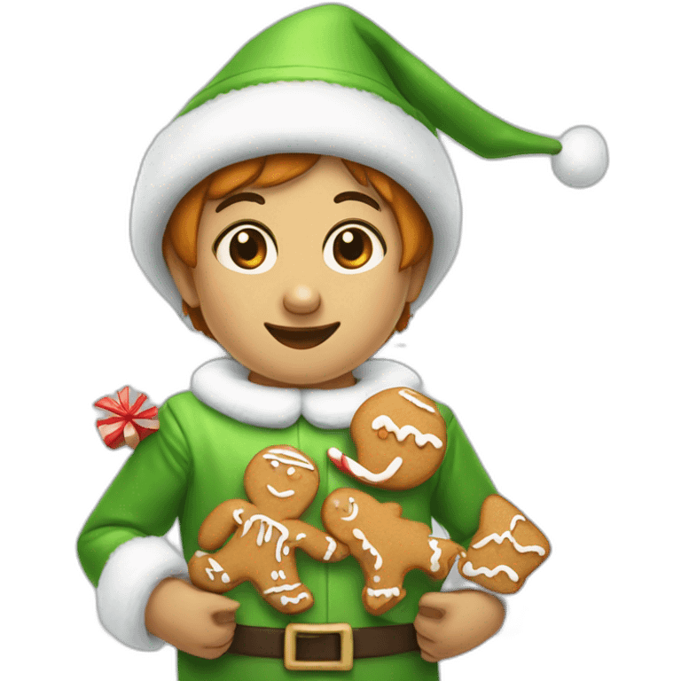 little elf weaitng a pinguin costume and selling gingerbread emoji