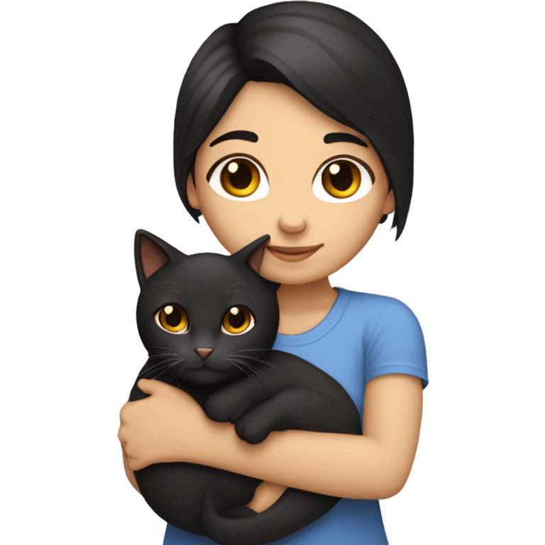 Black haired girl fair skin hugging a tabby cat emoji