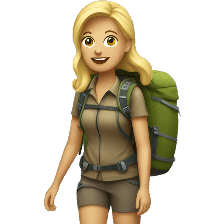 A blonde woman traveler with a backpack is hiking in the mountains. emoji