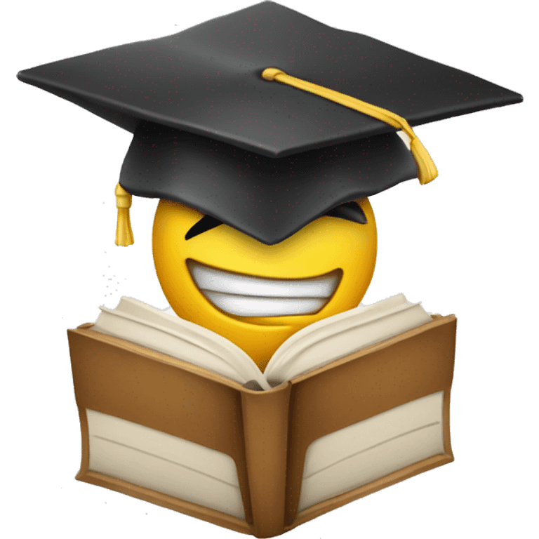 A smirking face holding a book. The emoji is wearing a graduation cap slightly tilted to one side emoji