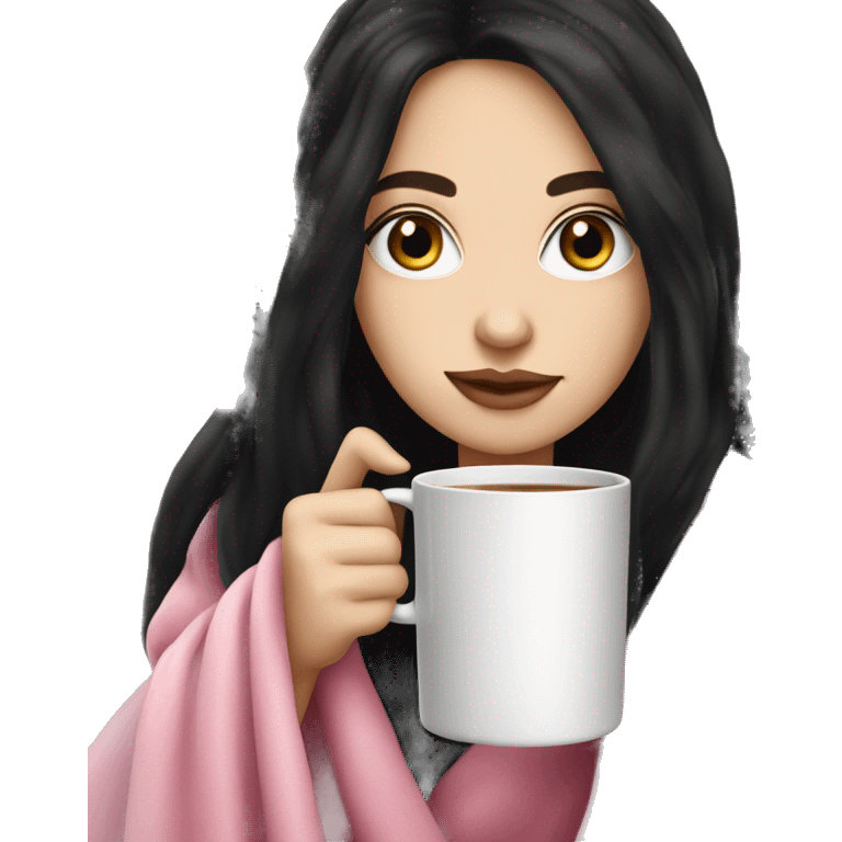 A pretty white girl with very long black hair  in a pink blanket sipping coffee emoji