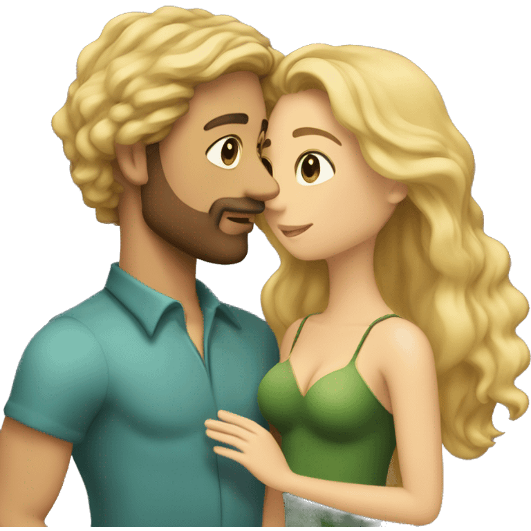 Intimate moment of Lovers. She is a mermaid, has blond wavy Hair and brown eyes. He is tall Back hair  and threeday beard.  emoji