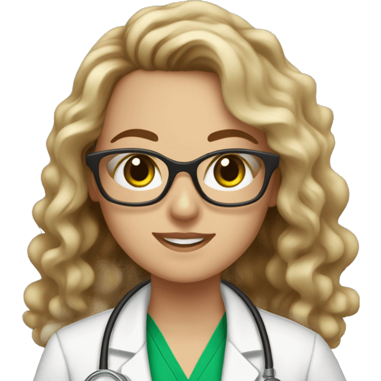 white girl with long brown to blonde balayage curly hair and green eyes with glasses in a lab coat emoji