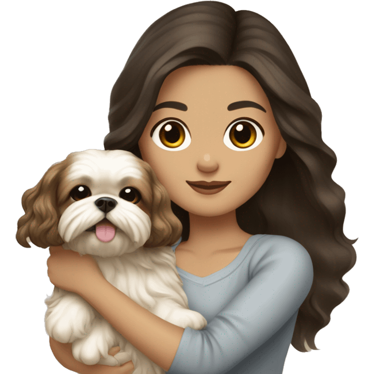 Young dark brunette hair woman with a golden shih tzu in her arms long wavy hair emoji