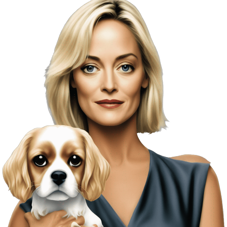 Young sharon stone in basic instinct walking with cavalier King Charles spaniel  emoji