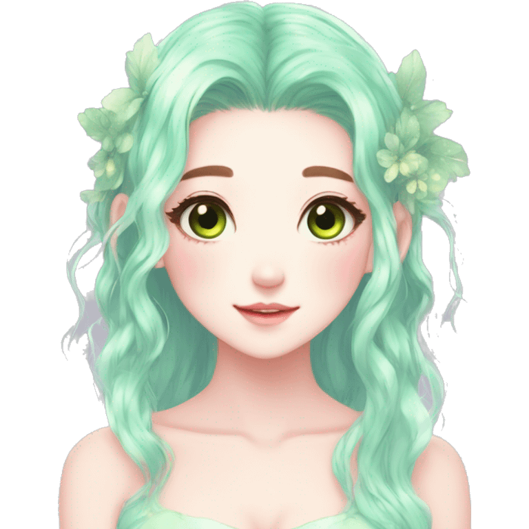 Gorgeous Beautiful Blushing Petite Pastel-Fairy-Anime-Green-Pastel-Girl with beautiful gradient pastel hair aesthetic emoji