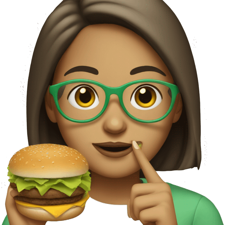 a girl with straight brown hair. she has light green glasses. she is eating a burger emoji