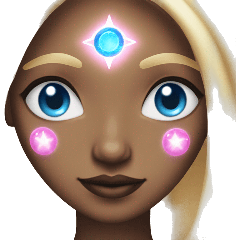 magical diva with thin pink andromedan face long blonde hair and blue eyes glowing third eye emoji