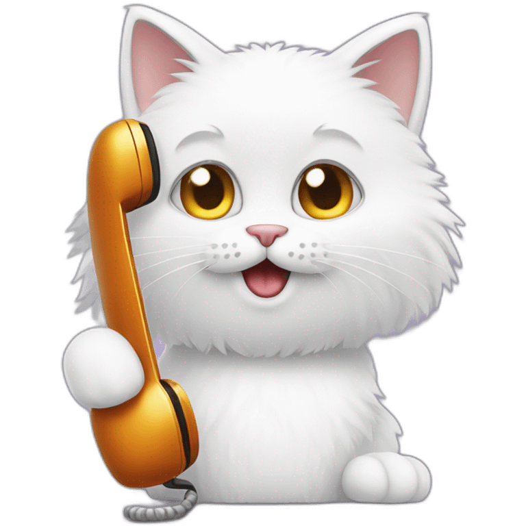 A white furry cat making a phone call with a cellphone emoji