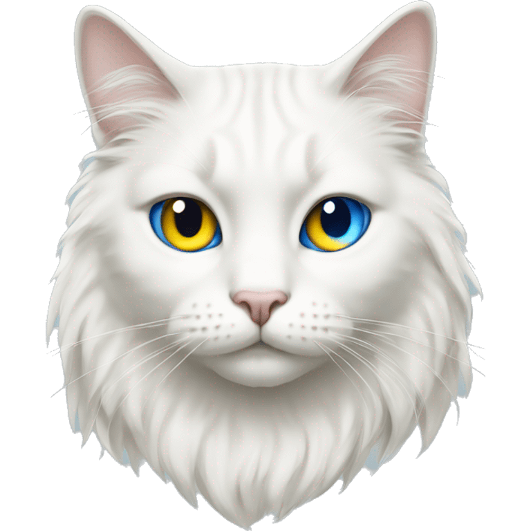 White cat with semi long hair but it has one eye yellow and one eye deep blue  emoji