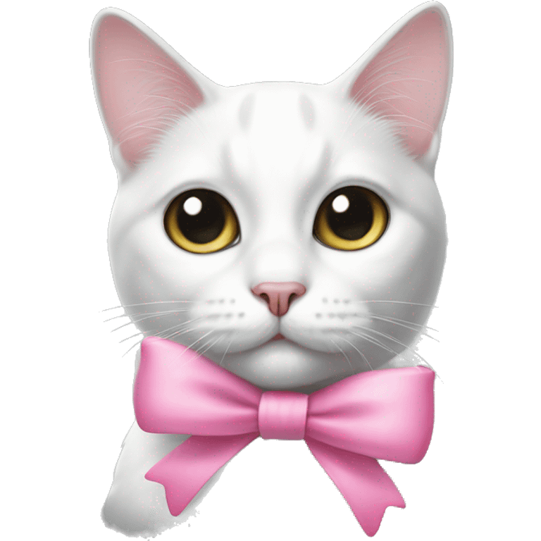 White cat with black spots and a pink bow emoji