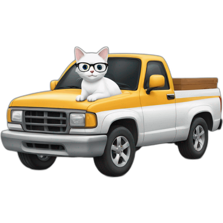 White cat with glasses driving a pickup truck emoji