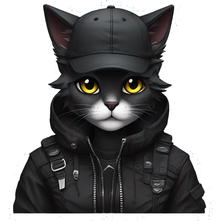 Edgy Beautiful Cool Anthro dark cat-fursona punk techwear and hat emoji