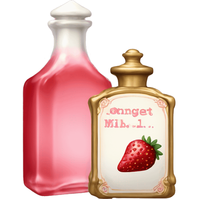 Antique parfumerie bottle with oil, made of red crystals, white cream and pink strawberry milk pour from the bottle emoji