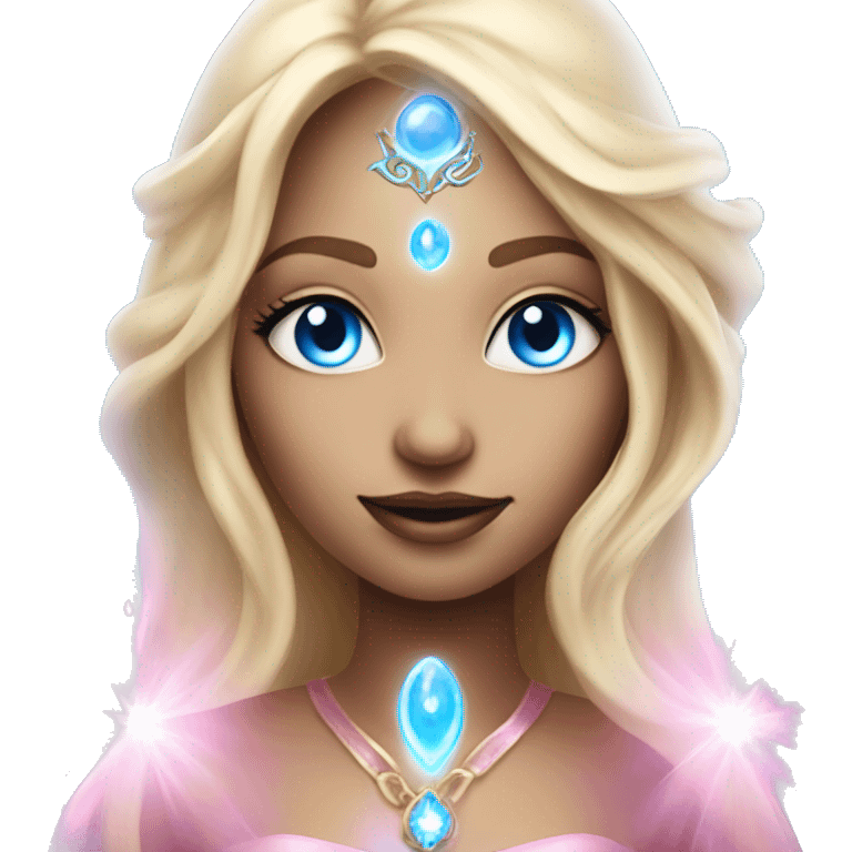 magical diva with thin pink andromedan face long blonde hair and blue eyes glowing third eye emoji