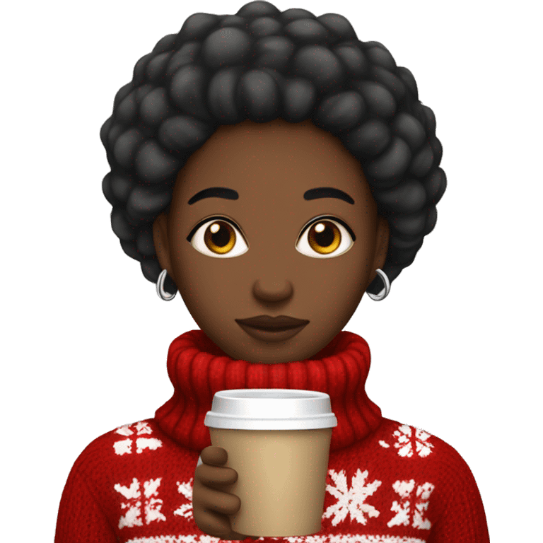 A black girl with straight hair wearing a puffer,underneath a Christmas jumper,holding coffee and  emoji