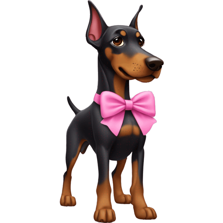 Doberman dressed in pink with a bow emoji