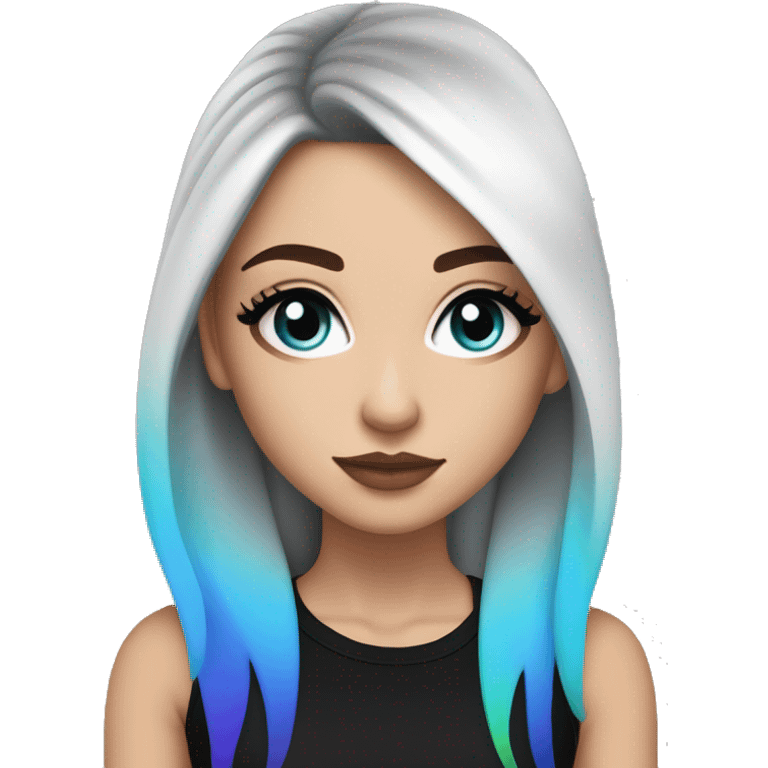 white girl blue eyes and long black hair with rainbow fringe. Wearing black crop top and has dark eye makeup on her eyes emoji