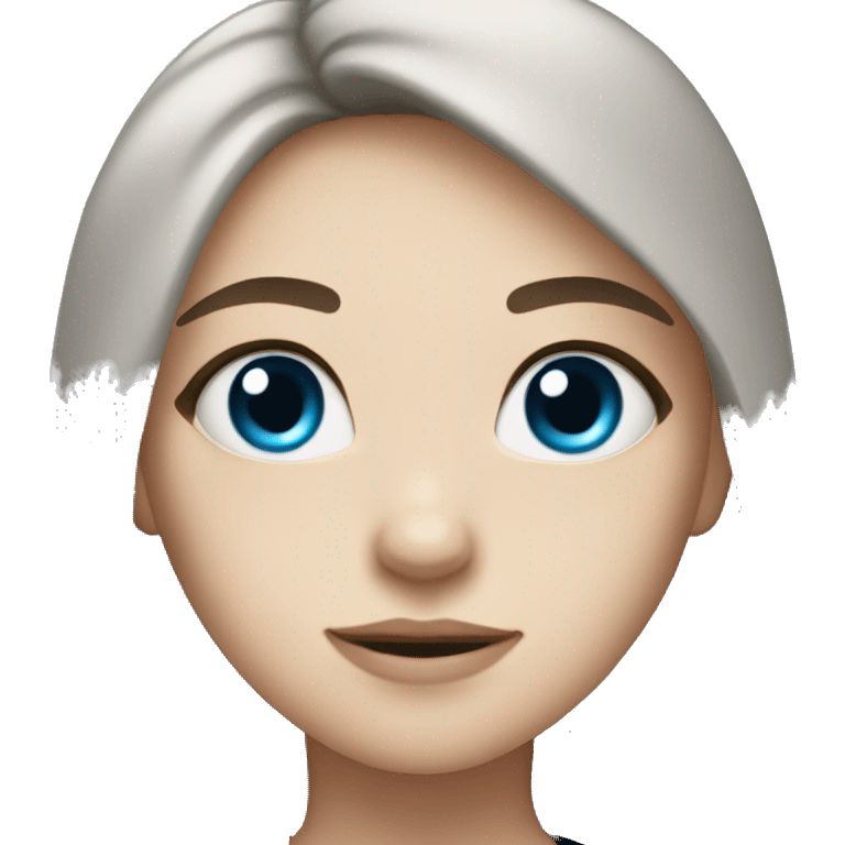 girl with long hair, blue eyes, white skin, wearing a black shirt, chuby emoji