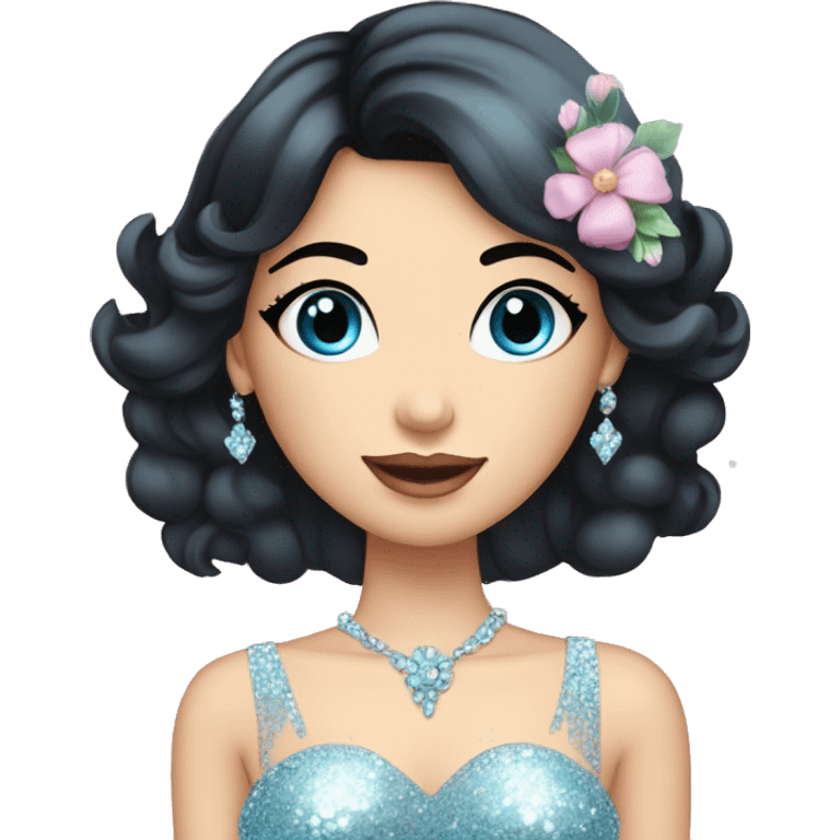 Gorgeous pastel Lady with black hair blue eyes in a sparkly shiny dress with tiara and necklace and flowers behind her and trending  emoji