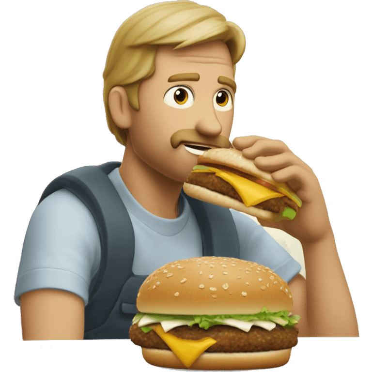 Show a white man eating a big mac. Add the label "Palkin' Burger - Just the right amount of spice!" emoji