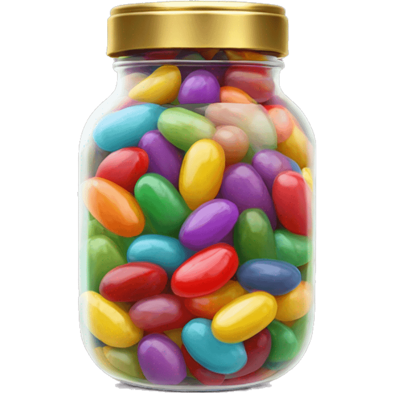 Realistic jelly beans in a glass jar with a gold screw on lid on the top. emoji