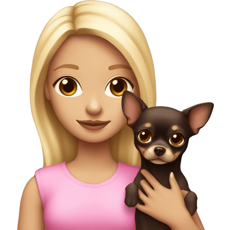 blonde girl with pink & dark brown chihuahua in her arms emoji