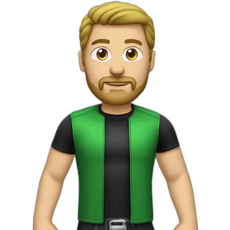 round headed white male biker wearing black and green with bottom goatee emoji