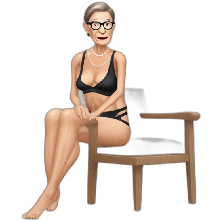 sexy ruth bader ginsburg wearing string bikini top and a skirt acting out that scene from basic instinct (full body, ios17, sitting legs spread apart) emoji